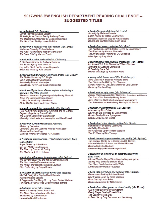 2017-2018 BW reading challenge suggested titles