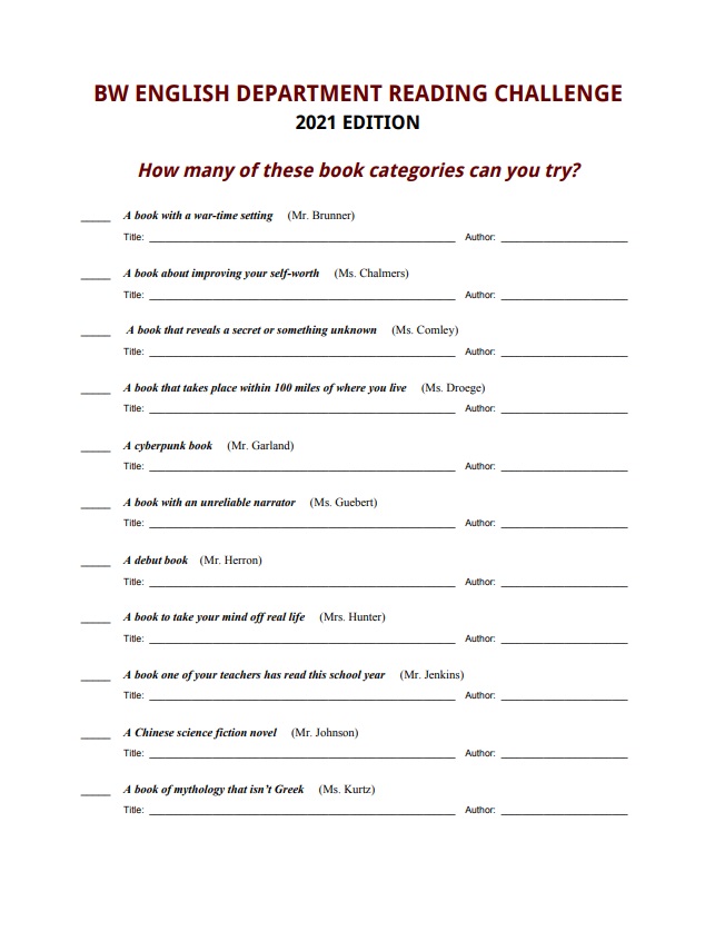 2021 BW English Dept Reading Challenge 1