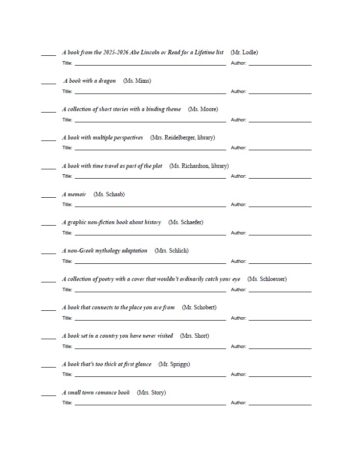 2026 BW English Department Reading Challenge B